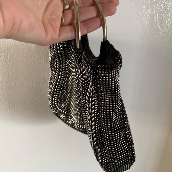 Vintage Beaded Evening Hoop Handle Mini Bag Black Unique 90s Hangbag Clutch - Picture 2 of 5